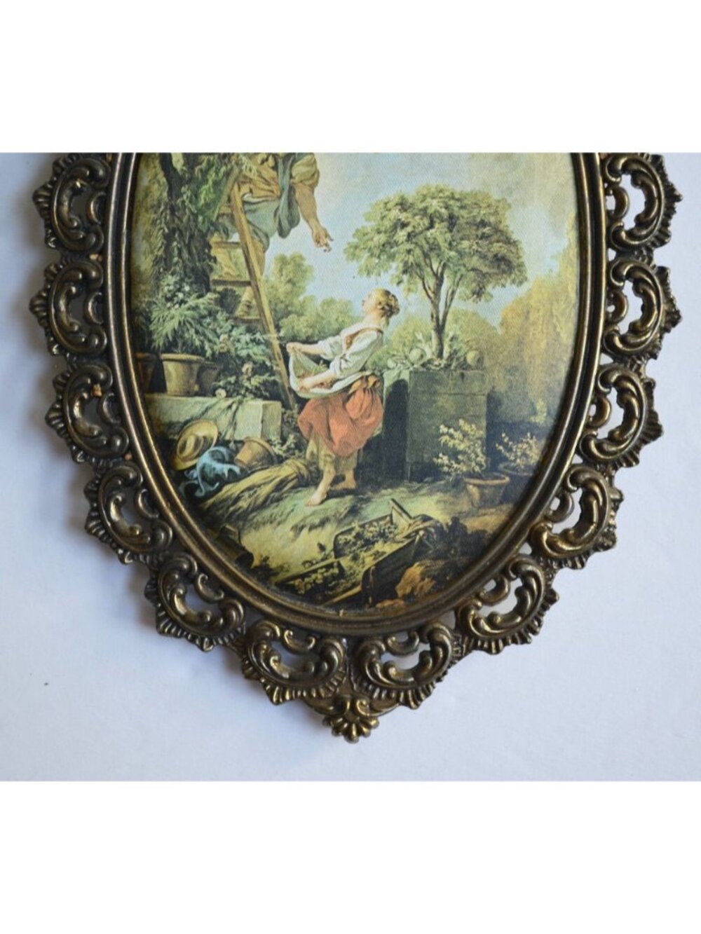 Ornate Metal Frame Silk Fabric Artwork Image Print Vintage Oval - Picture 3 of 5